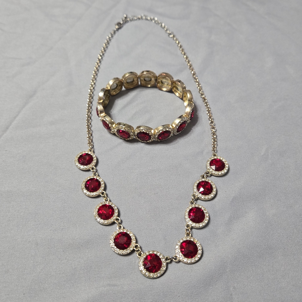 Red & Silver Rhinestone Necklace & Bracelet Set